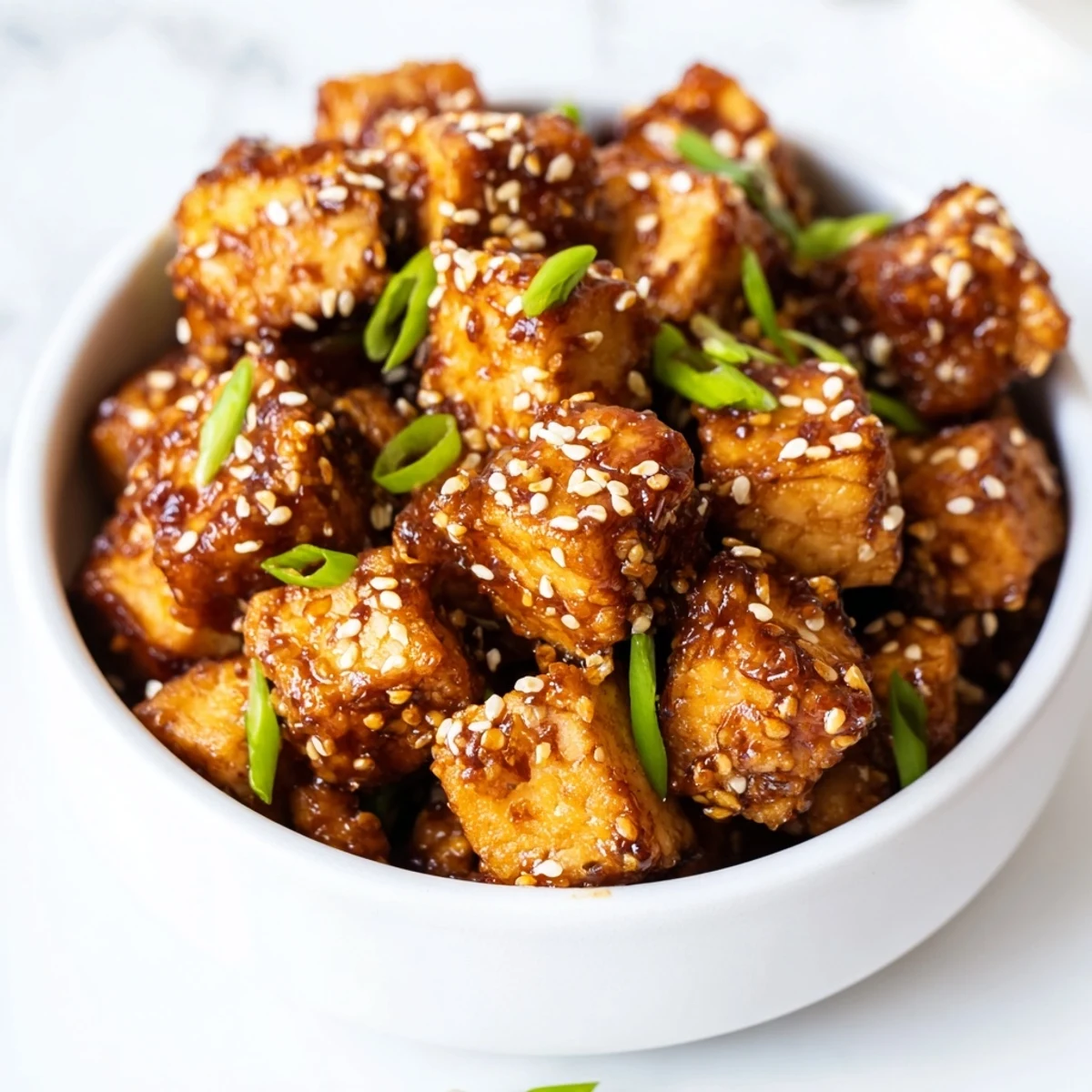 Crispy Air Fryer Tofu with Soy Glaze on a white plate, garnished with fresh green onions and sesame seeds.