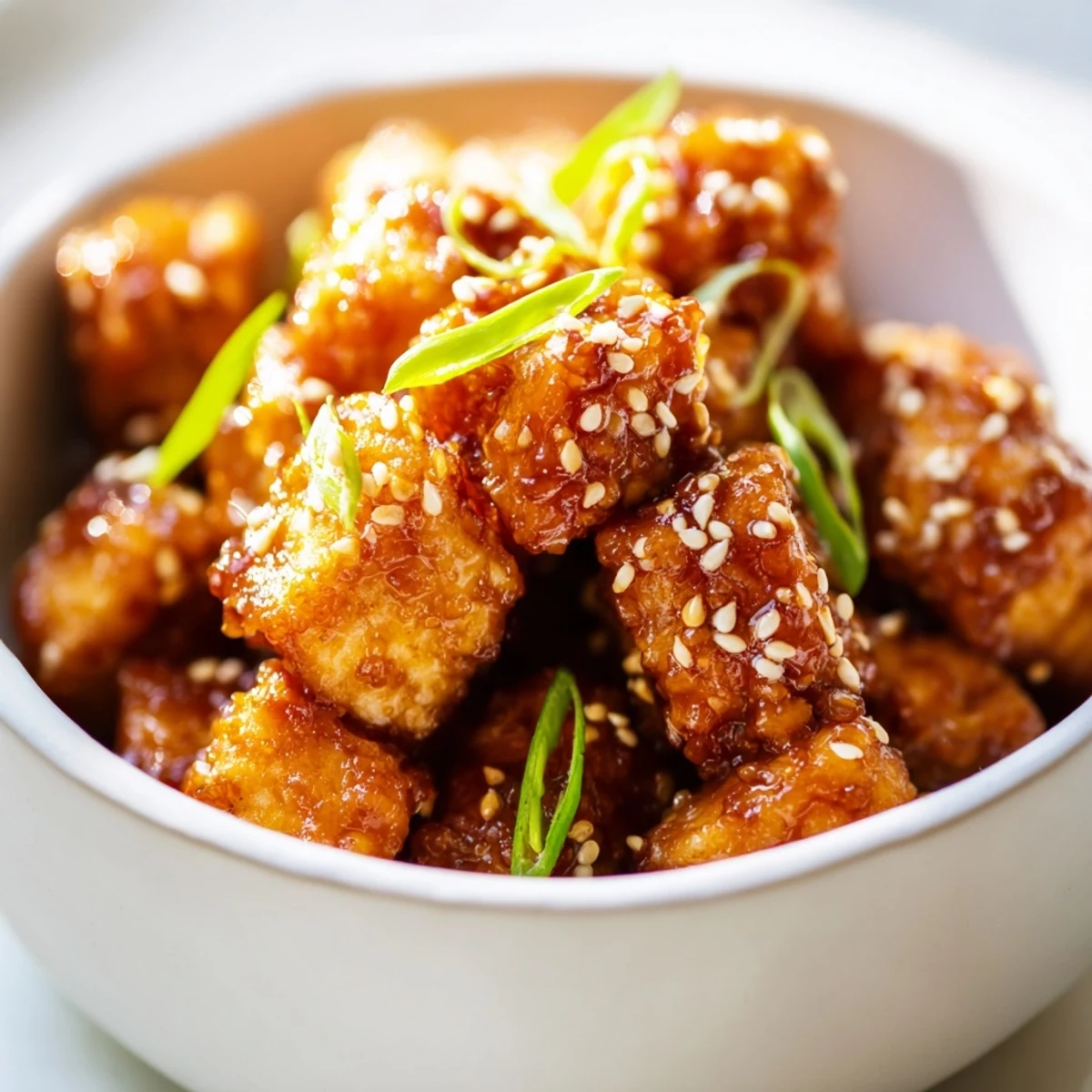 A close-up of golden Crispy Air Fryer Tofu with Soy Glaze, glistening on a wooden cutting board.