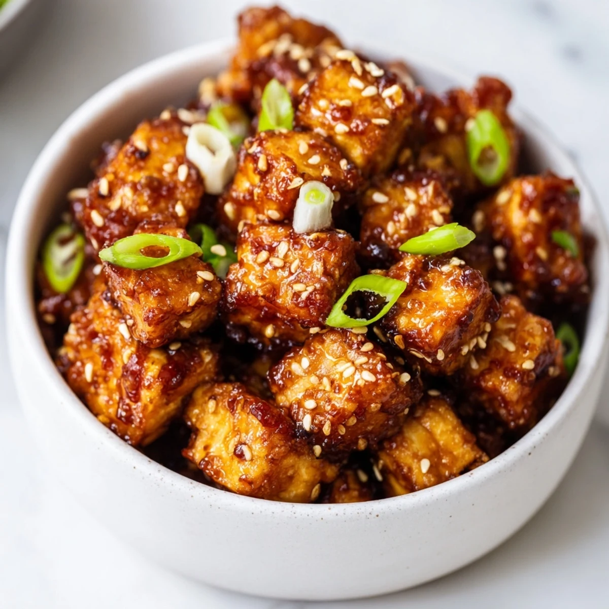 Serve this vegan Crispy Air Fryer Tofu with Soy Glaze over steamed rice for dinner.
