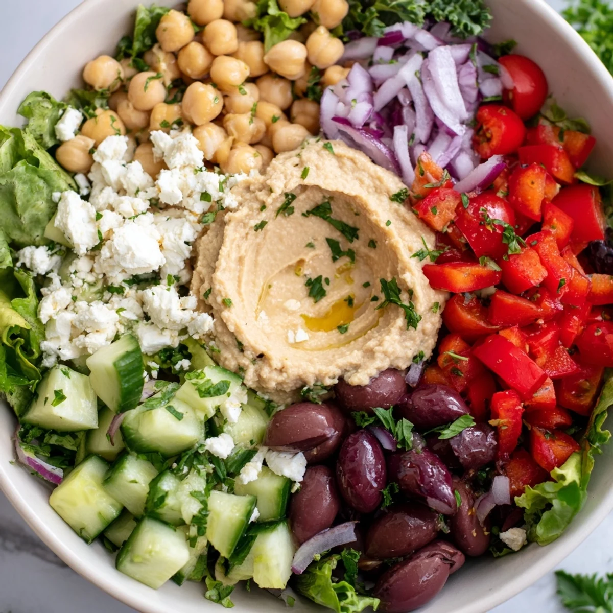 Bright Mediterranean Salad with Hummus in a white bowl, topped with a generous dollop of creamy dip and garnished with fresh parsley.