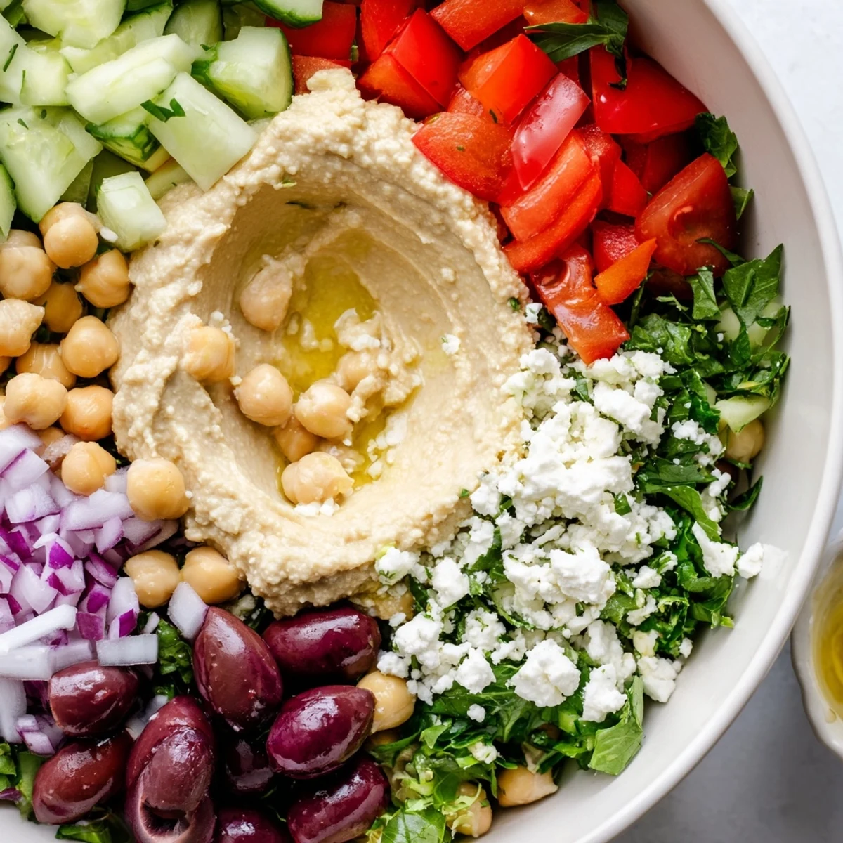 Healthy Mediterranean Salad with Hummus featuring diced cucumber, tomatoes, olives, and feta, with hummus centered on the vibrant, mixed greens.