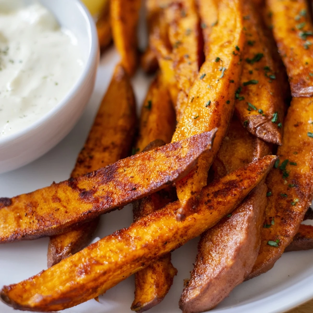 Golden brown roasted sweet potato fries with creamy chive dip on a rustic board.