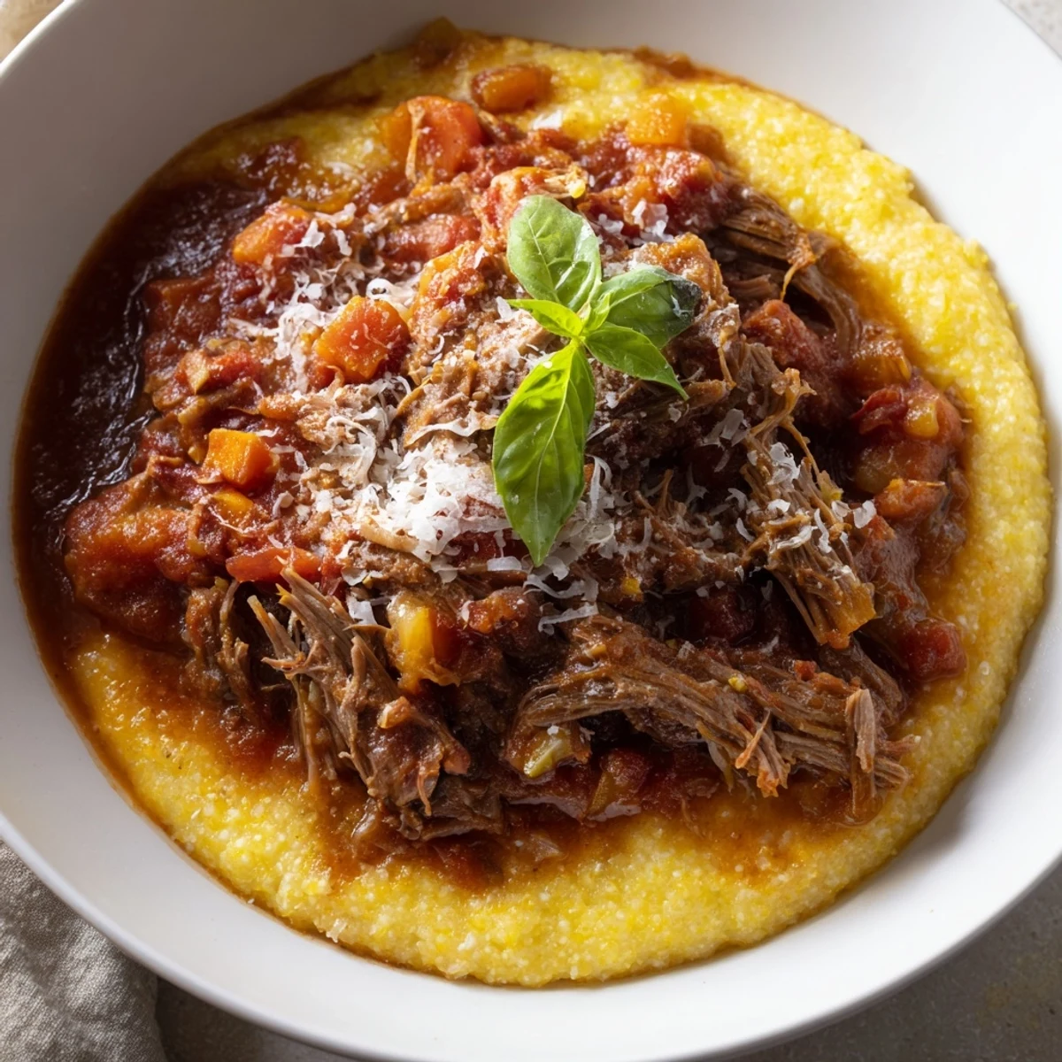 A bowl of Slow Cooker Beef Ragu over Polenta, with tender shredded beef and a rich red sauce pooling around creamy cornmeal.