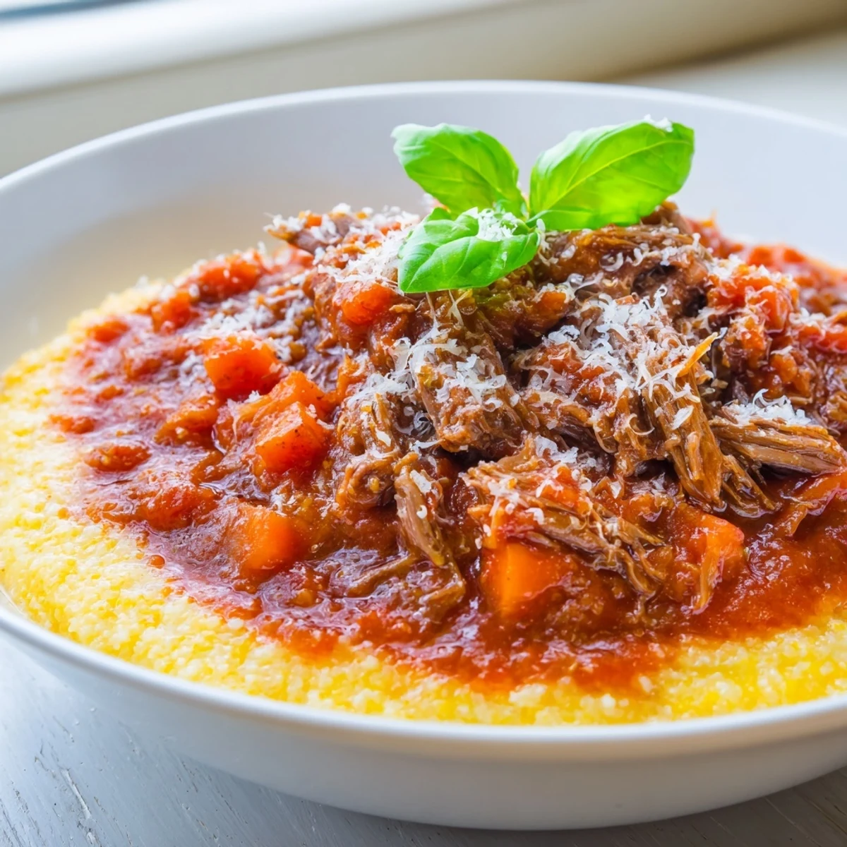 Close-up of Slow Cooker Beef Ragu over Polenta, showing a golden Parmesan topping and a rustic wooden spoon ready to serve.