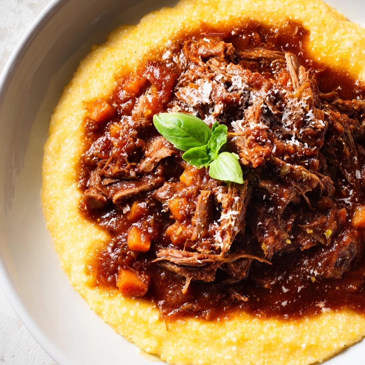Family-style Slow Cooker Beef Ragu over Polenta in a white dish, garnished with fresh basil and a side of crusty bread.
