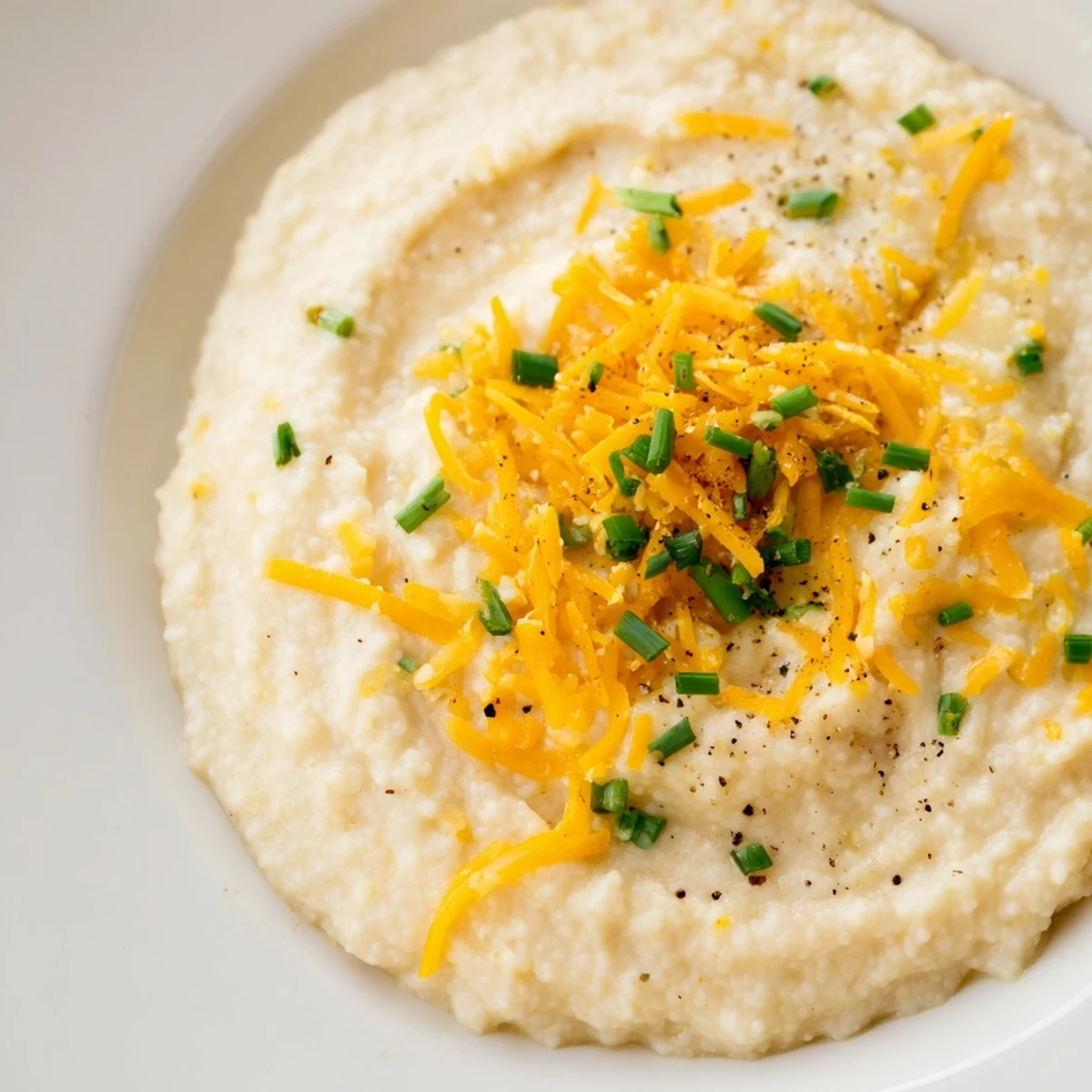 Creamy Brunch Grits in a white bowl, garnished with chives and black pepper.