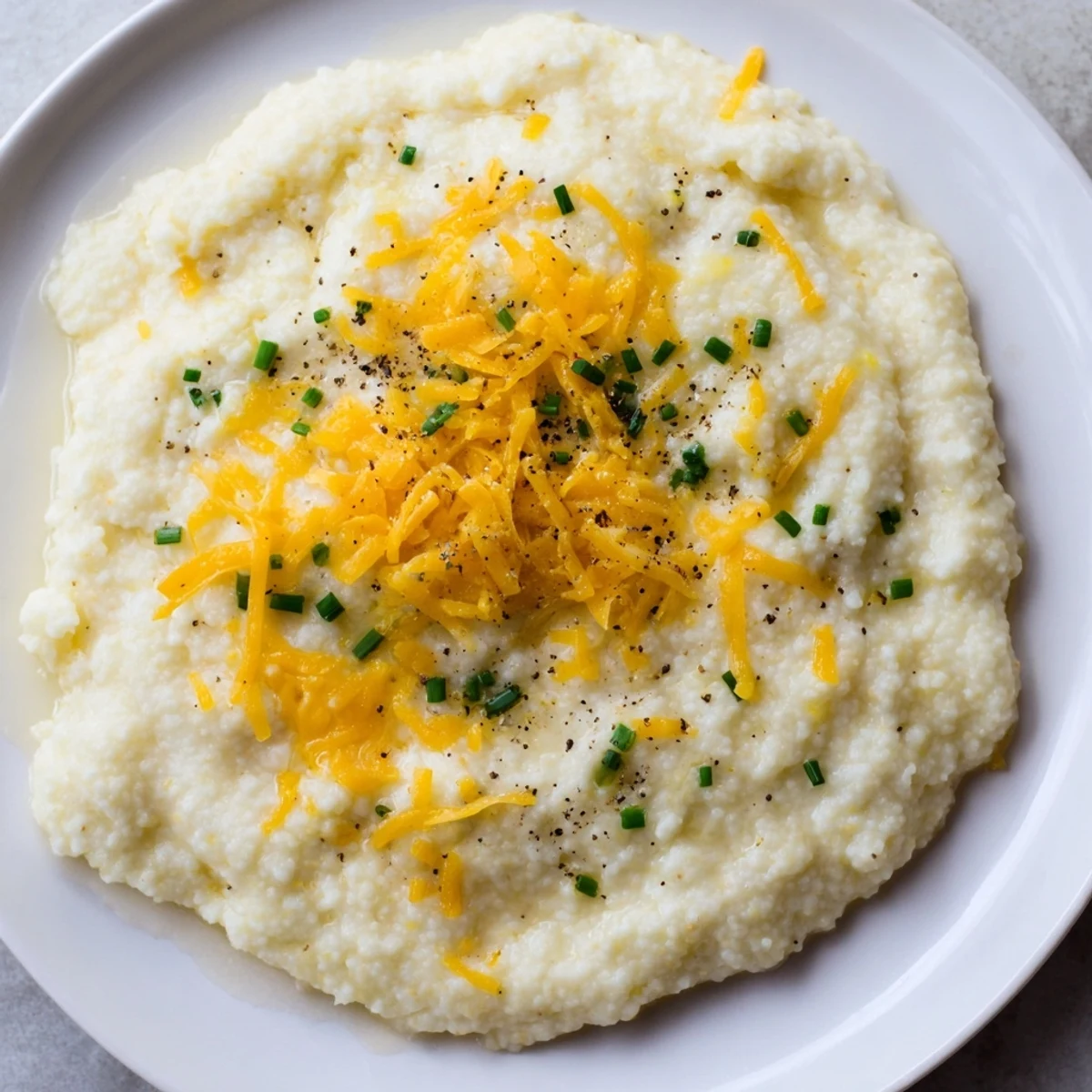Spoon lifting a cheesy serving of Creamy Brunch Grits next to poached eggs.