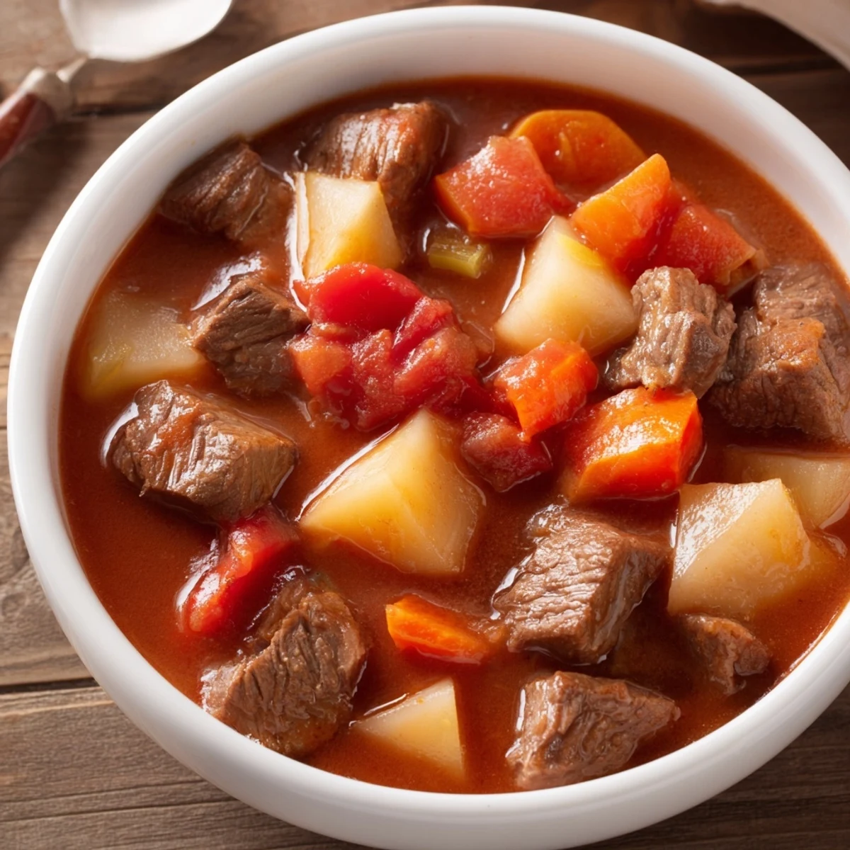 A ladle full of Slow Cooker Supper Stew, featuring tender beef chunks and root vegetables in a thick, savory broth.