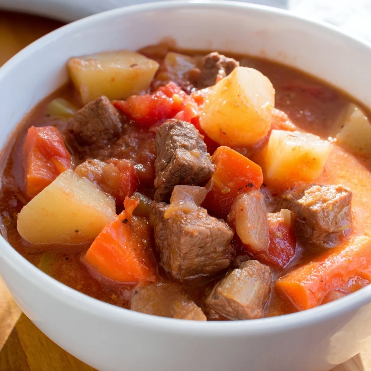 Freshly cooked Slow Cooker Supper Stew with carrots, potatoes, and beef, bubbling hot in a slow cooker insert.