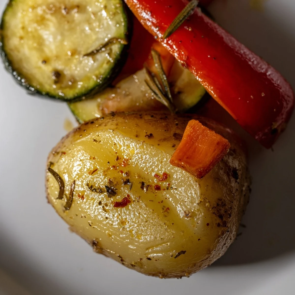 Golden roasted vegetables including carrots, bell peppers, and zucchini tossed in herbs on a baking sheet.