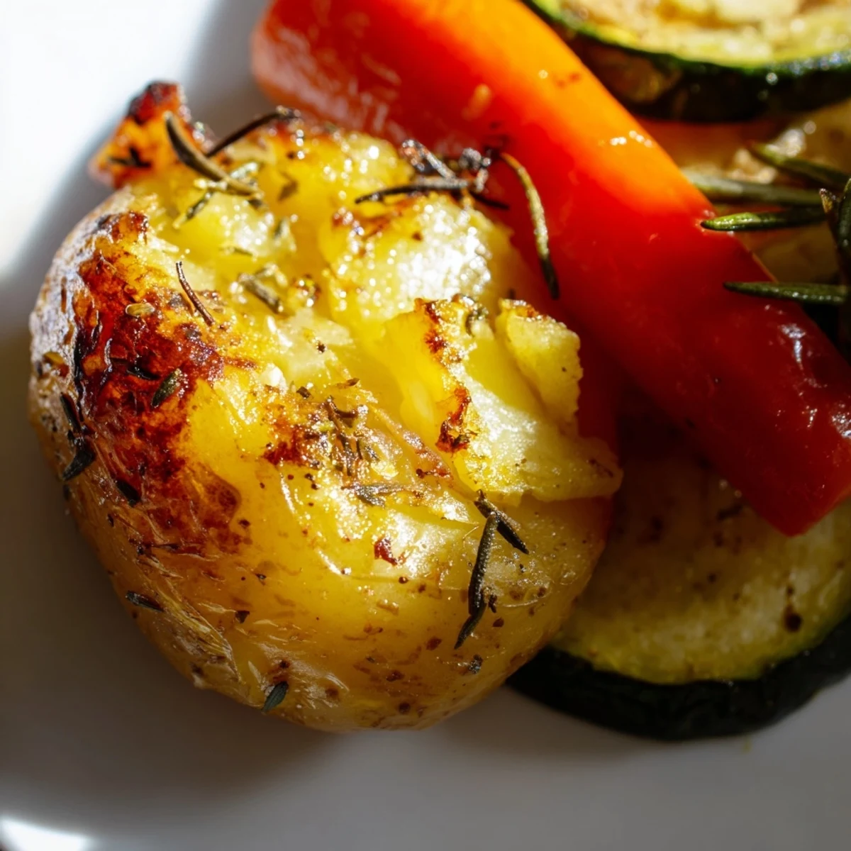 Colorful medley of roasted potatoes and onions served as a wholesome vegan main dish.