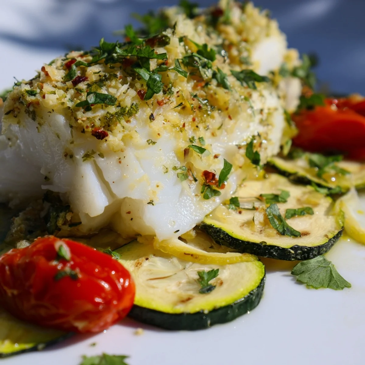 Golden-brown Baked Cod Supper Fillet with roasted red bell peppers, zucchini, and cherry tomatoes, garnished with fresh parsley and lemon wedges.