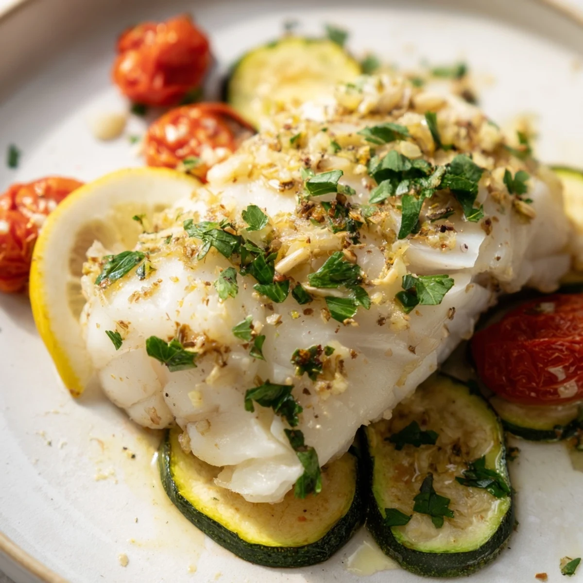 Freshly baked Baked Cod Supper Fillet topped with garlic and herbs, served hot from the oven alongside colorful roasted Mediterranean vegetables.