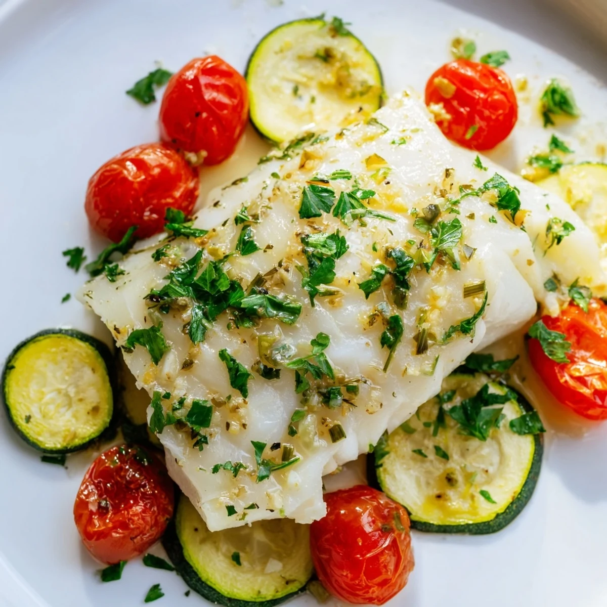 A plated Baked Cod Supper Fillet flaking with a fork, accompanied by zucchini, peppers, and a squeeze of bright lemon.