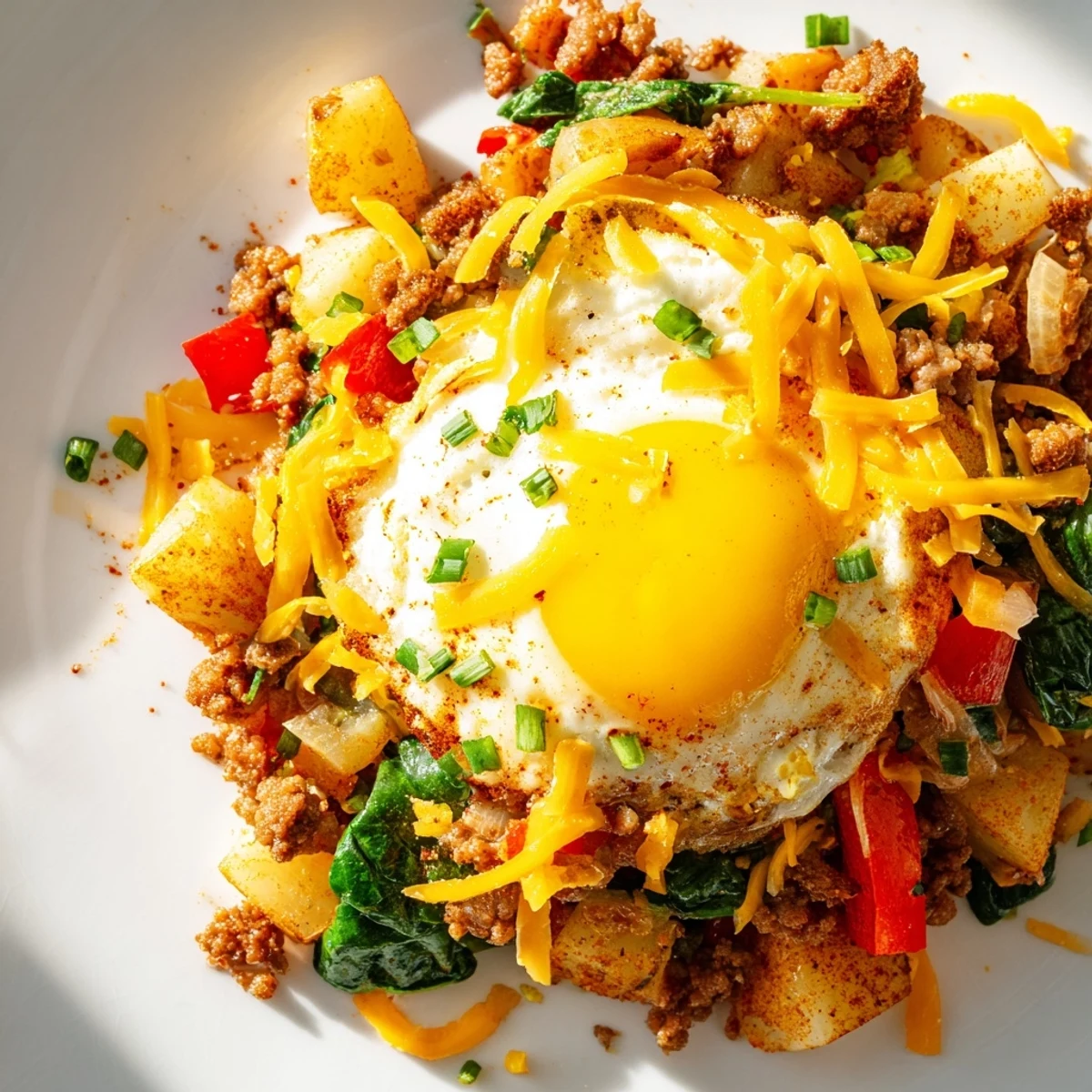A hearty one-pan Beef Brunch Skillet with sautéed peppers and onions, perfect for a casual weekend morning meal.