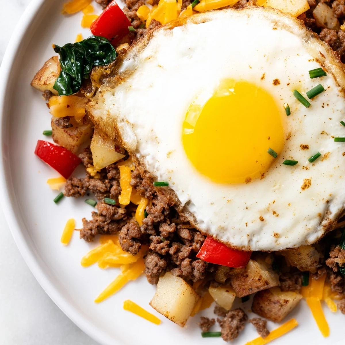 Golden beef, crispy potatoes, and baked eggs topped with melted cheddar in the savory Beef Brunch Skillet.