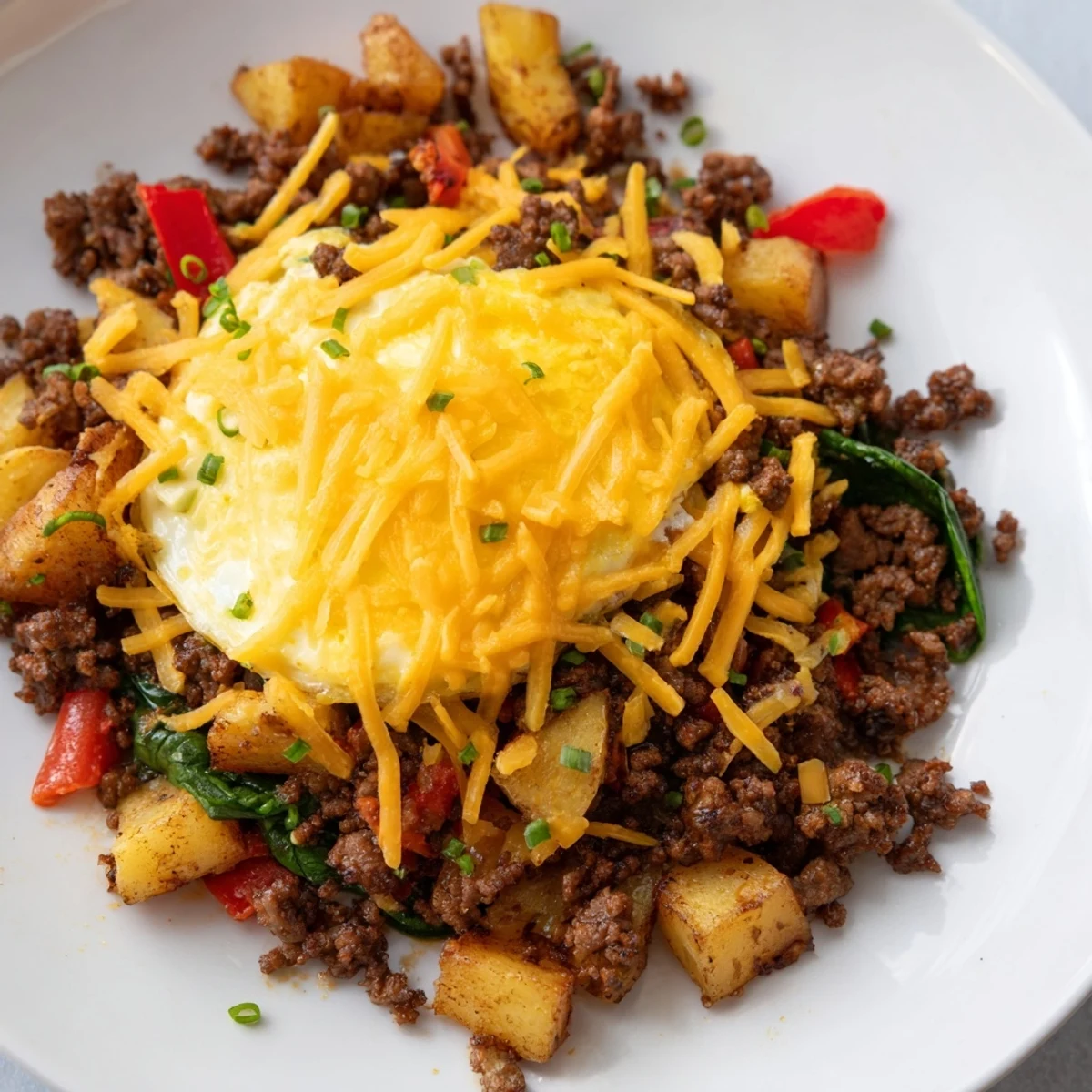 Savory ground beef hash with tender potatoes, wilted spinach, and runny yolk eggs in a cast iron skillet.