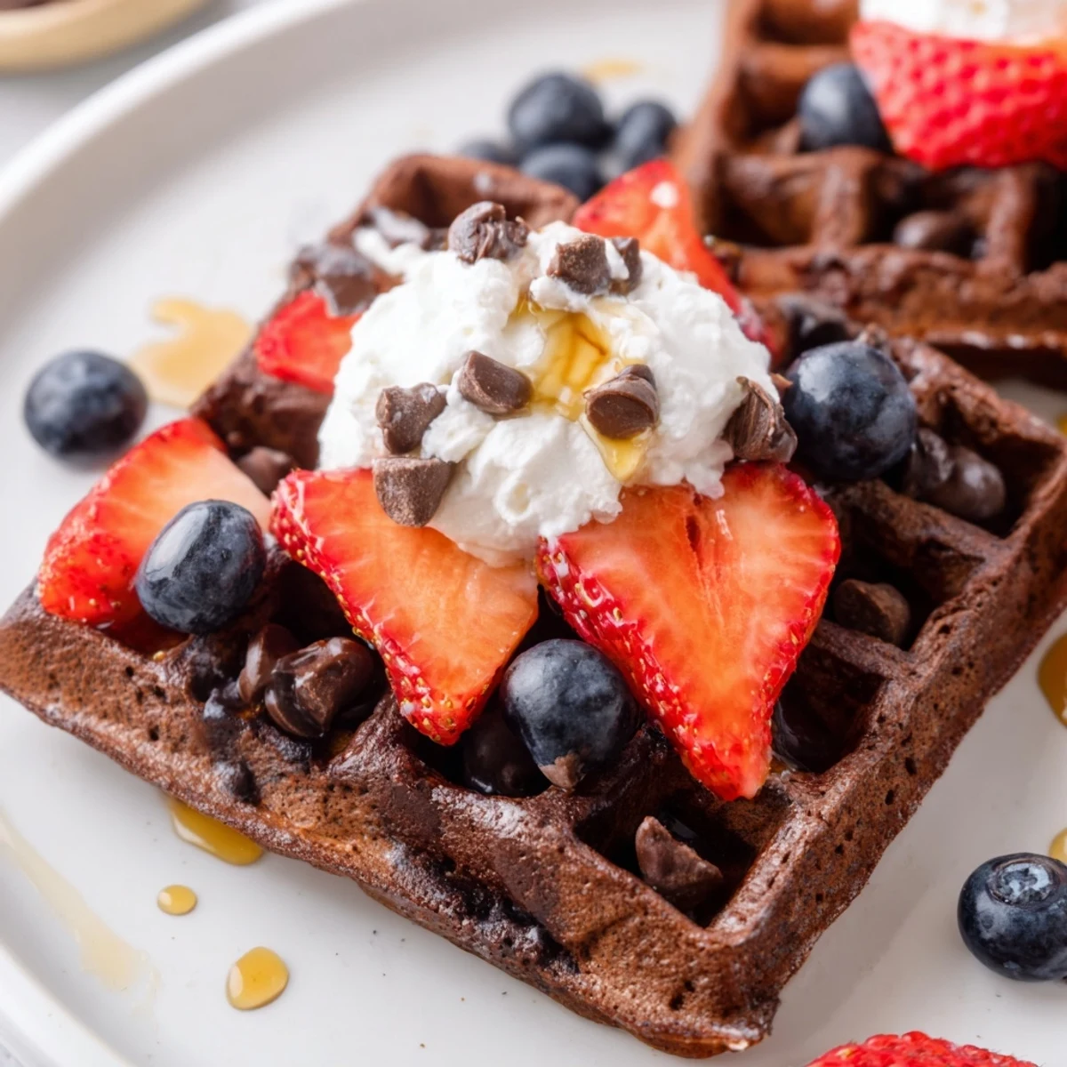 A close-up of a warm Chocolate Brunch Waffle topped with fresh berries and whipped cream.