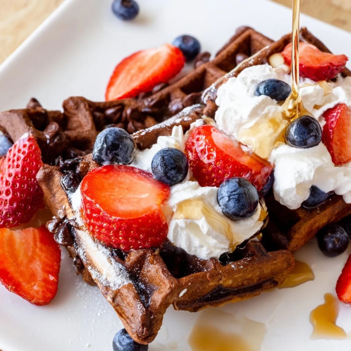 A freshly made Chocolate Brunch Waffle drizzled with rich chocolate sauce, ready to serve.