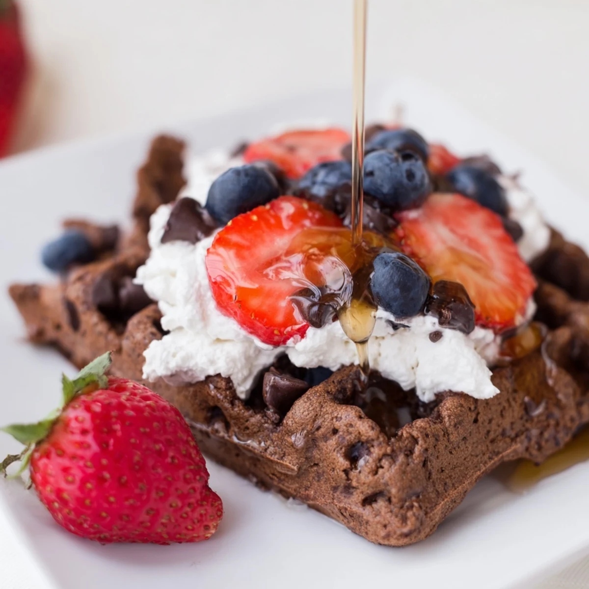 A fluffy Chocolate Brunch Waffle served with a side of berries and a glass of orange juice.