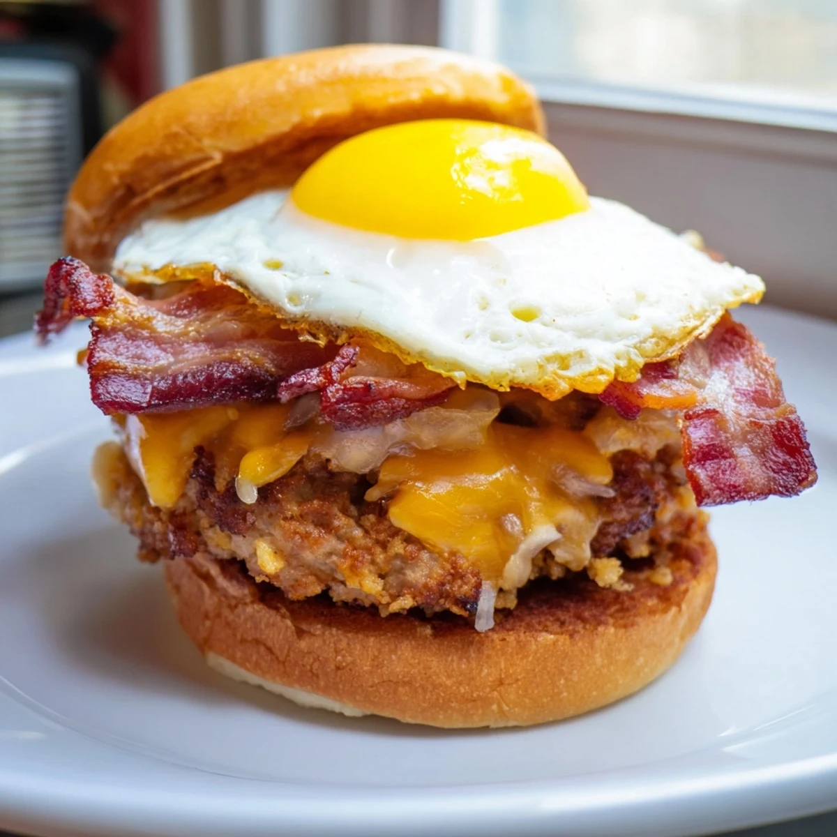 Close-up of a juicy Turkey Brunch Burger with melted cheddar, crispy bacon, and a sunny-side-up egg.