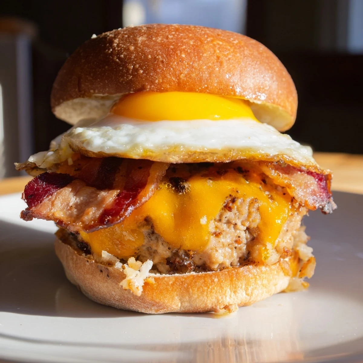 A plated Turkey Brunch Burger garnished with fresh lettuce and tomato, ready to be enjoyed for a hearty meal.
