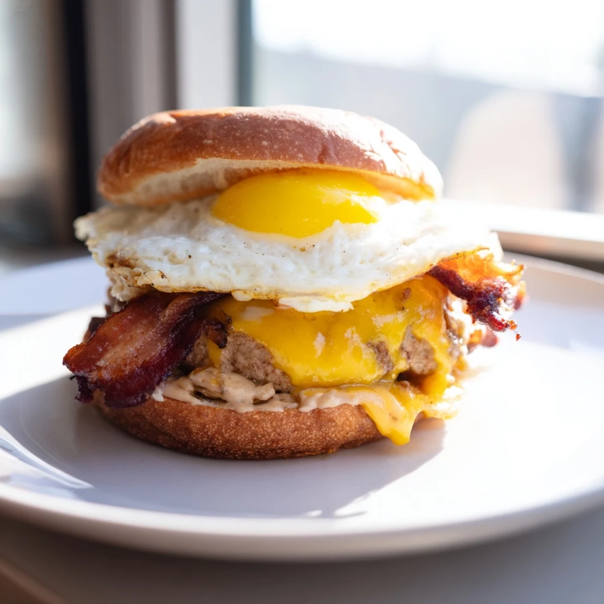 Golden-brown turkey burger topped with avocado and bacon on a toasted brioche bun, served with sweet potato fries.