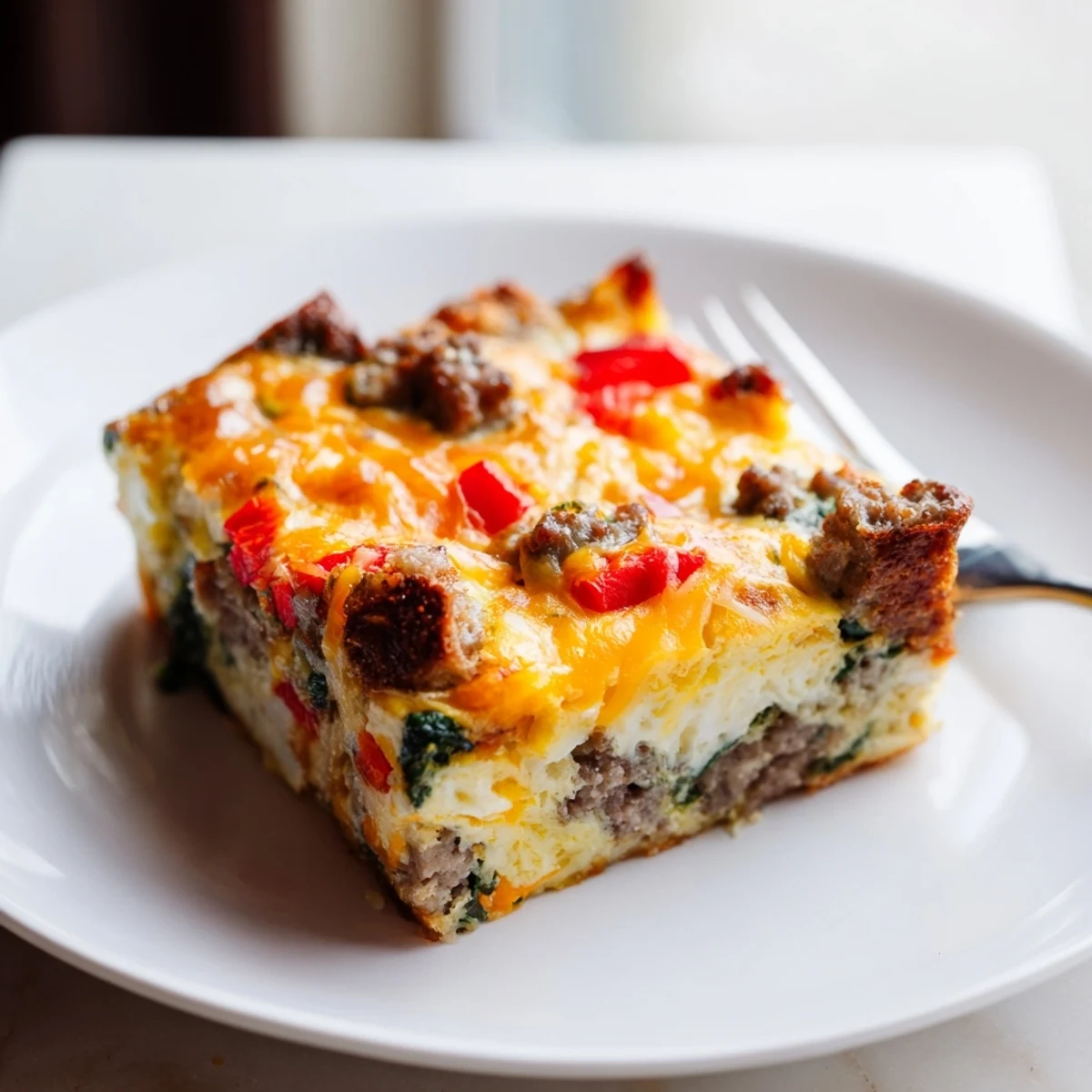 Warm Winter Brunch Casserole fresh from the oven, garnished with thyme and served alongside fresh fruit for a cozy meal.