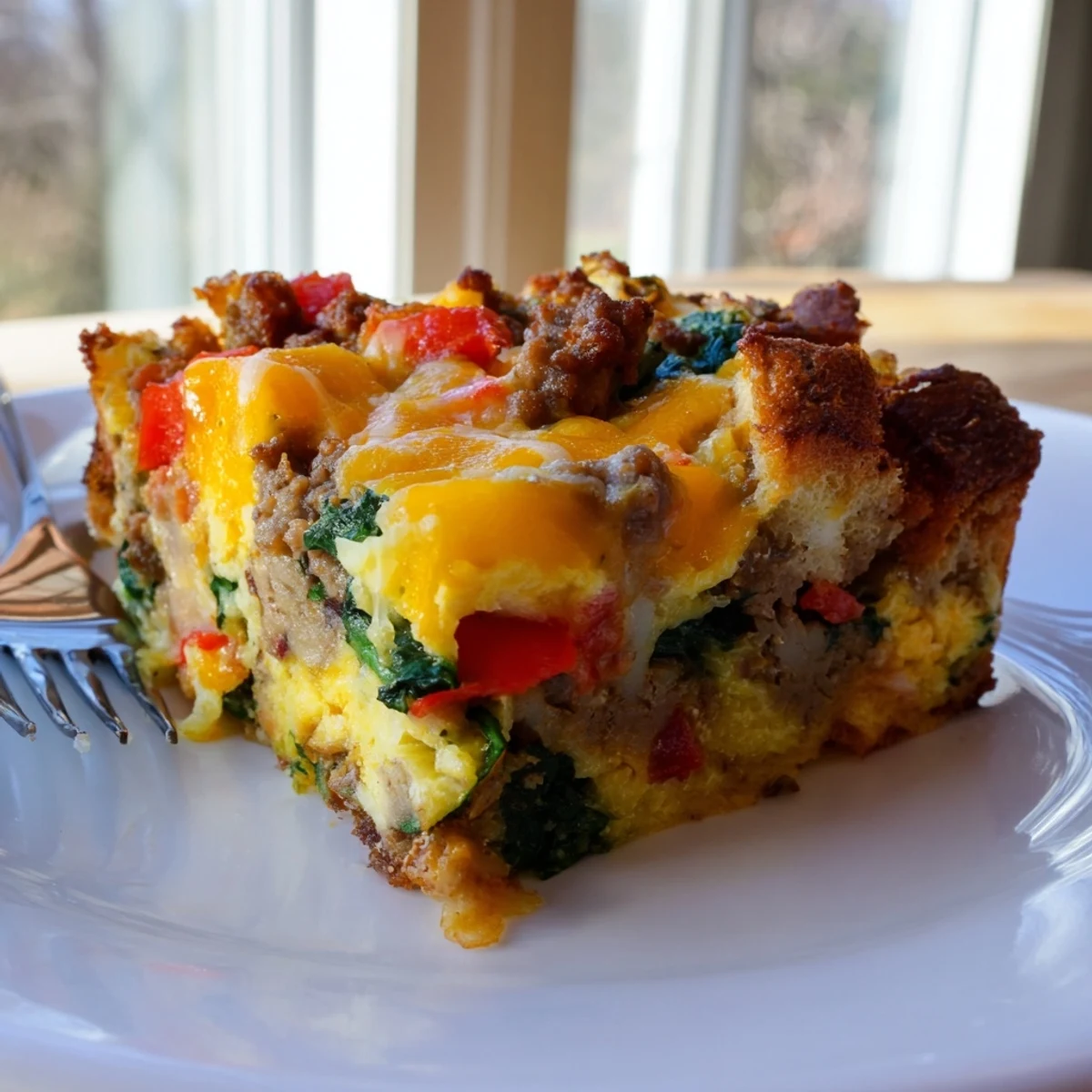 Hearty slice of Winter Brunch Casserole on a plate, revealing layers of fluffy eggs, bread, sausage, and colorful roasted vegetables.