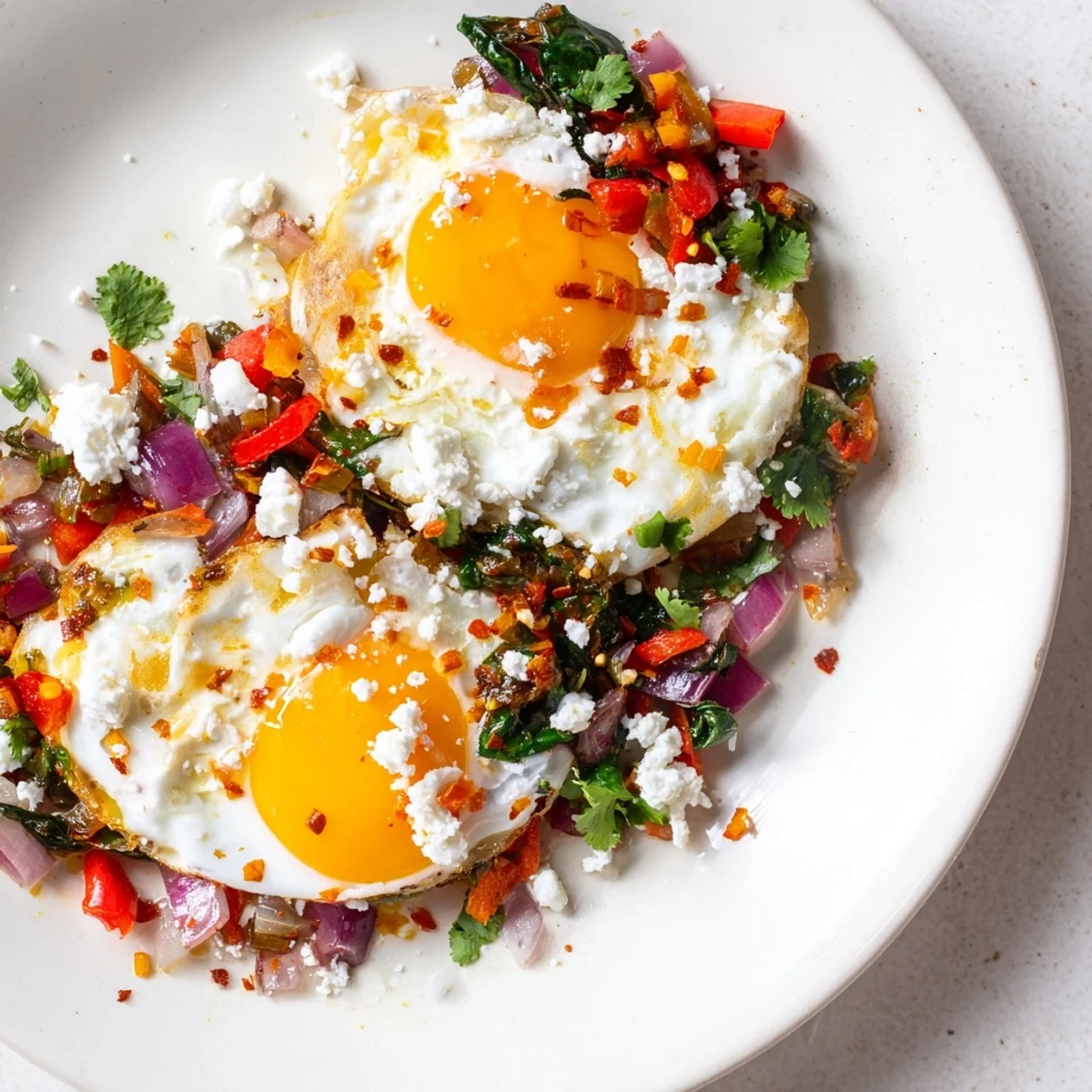 Steaming spicy brunch eggs sit nestled with sautéed peppers and onions, topped with crumbled feta and fresh cilantro for a vibrant vegetarian meal.