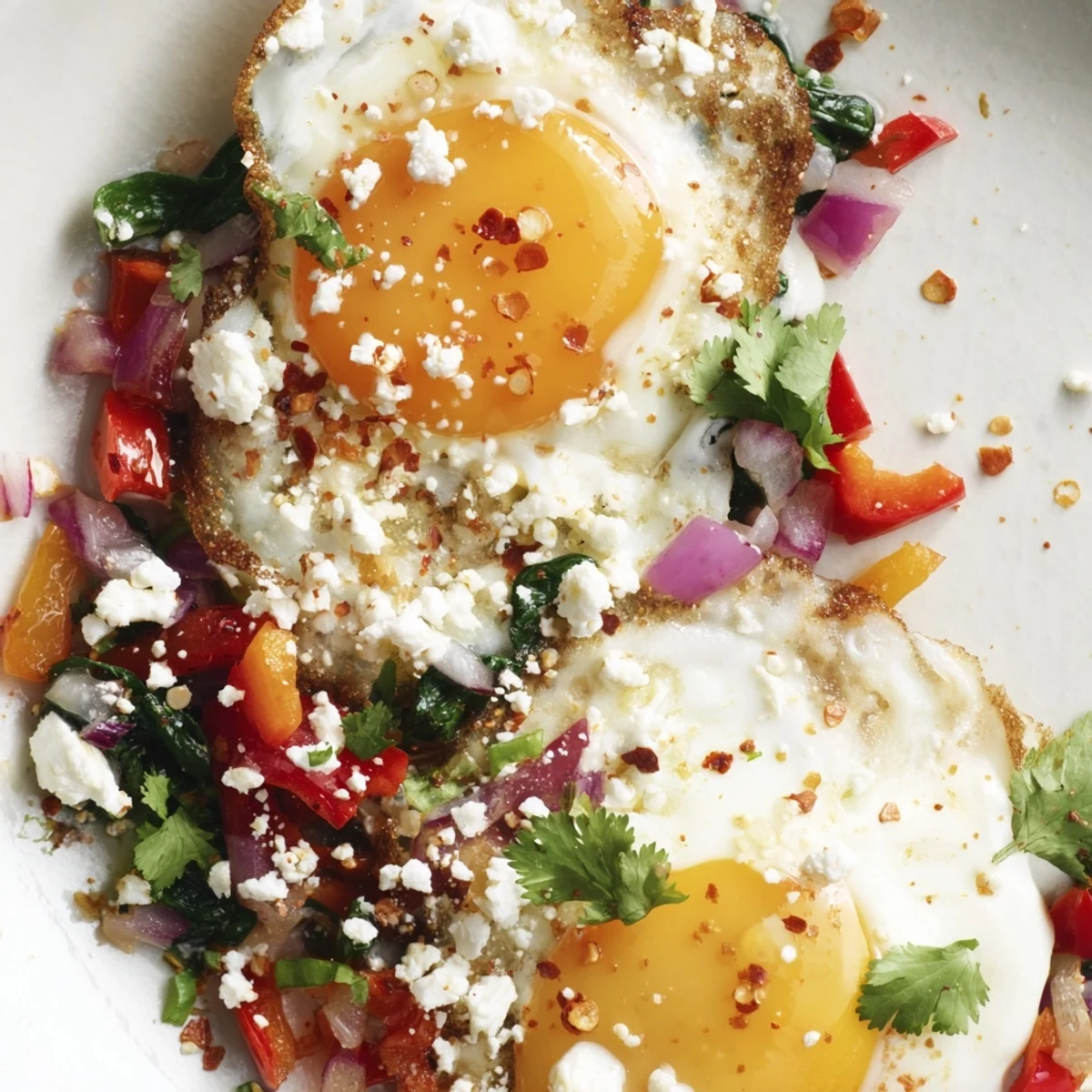 Sizzling spicy brunch eggs feature colorful bell peppers and onions, garnished with cilantro, ready to be scooped up with warm tortillas.