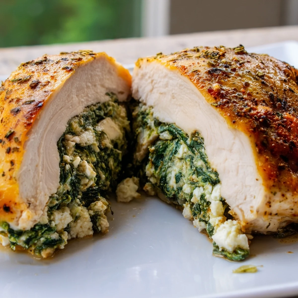 Golden-baked Spinach and Feta Stuffed Chicken Breast on a white plate garnished with fresh parsley.