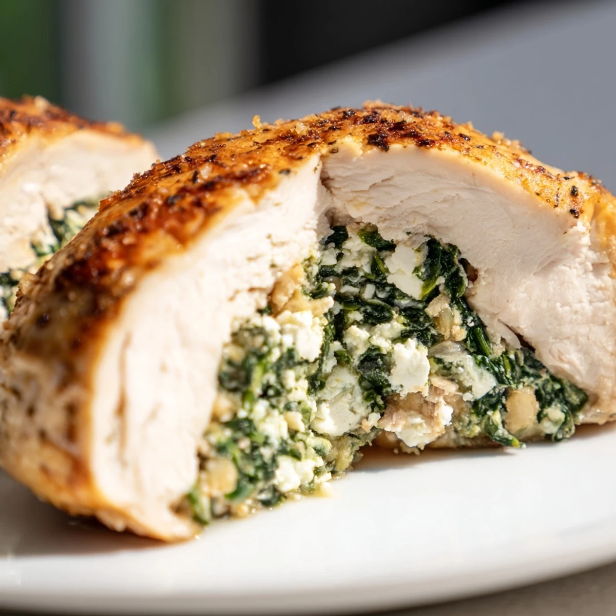 Mediterranean-style Spinach and Feta Stuffed Chicken Breast resting on a baking sheet with fresh herbs.