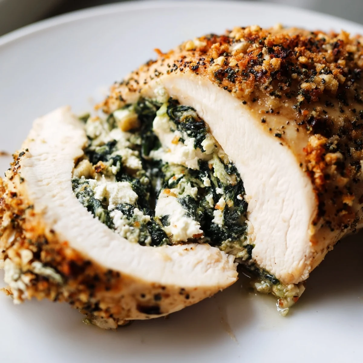 Juicy Spinach and Feta Stuffed Chicken Breast sliced to reveal creamy filling, served with roasted vegetables.
