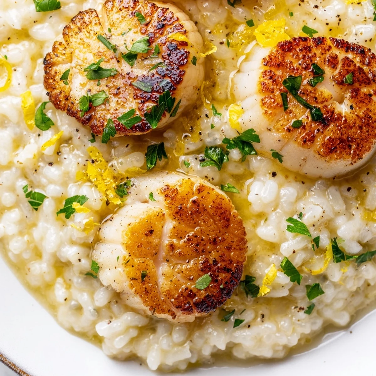 A plate of creamy Lemon Garlic Scallops with Risotto topped with a lemon-garlic butter drizzle.