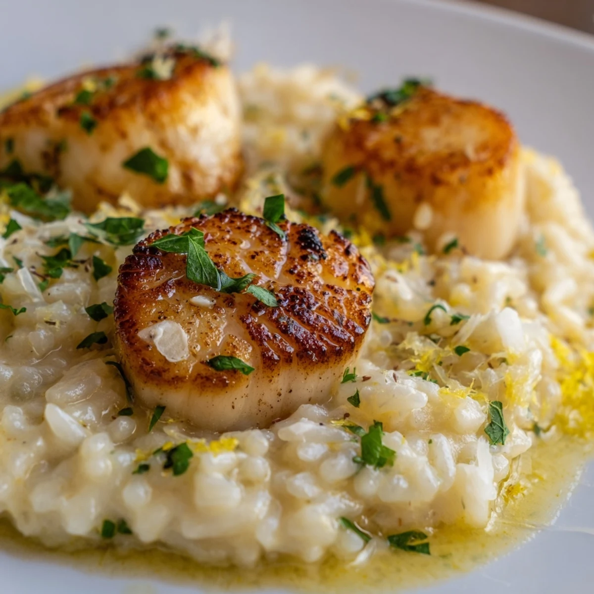 Golden seared Lemon Garlic Scallops with Risotto garnished with fresh parsley and lemon zest.