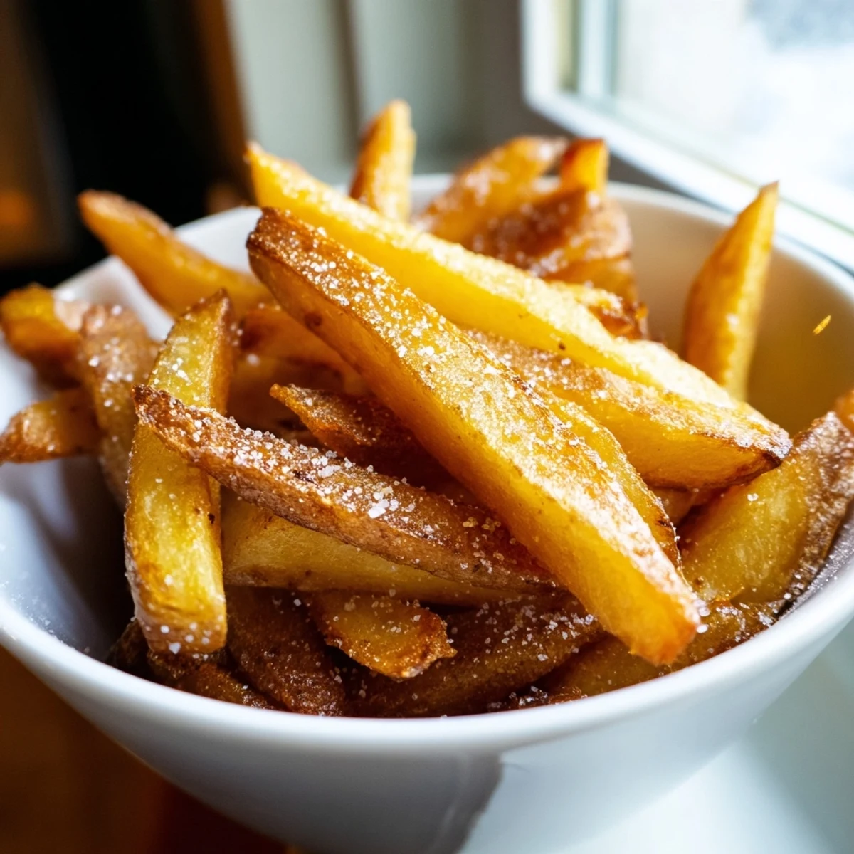 Freshly cooked Crispy Air Fryer French Fries with Sea Salt in a rustic bowl, golden brown and ready to eat.