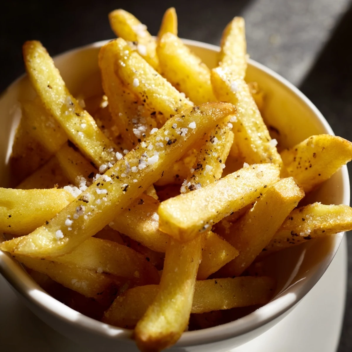Heaping basket of hot Crispy Air Fryer French Fries with Sea Salt served alongside a creamy dipping sauce.