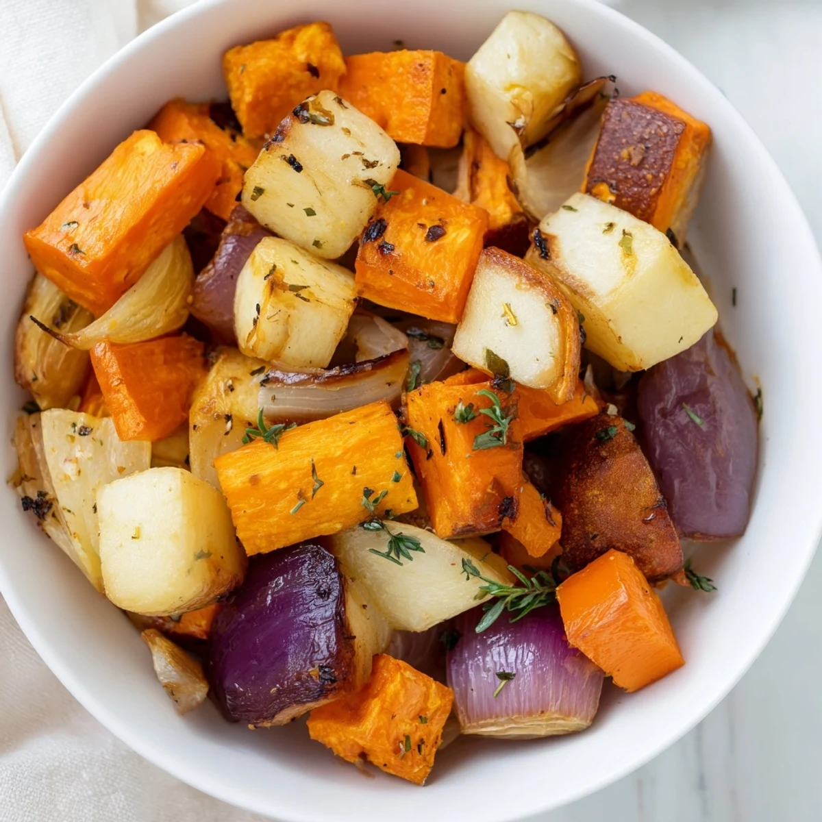 Vibrant rustic platter of roasted root vegetable medley garnished with fresh parsley and lemon zest.