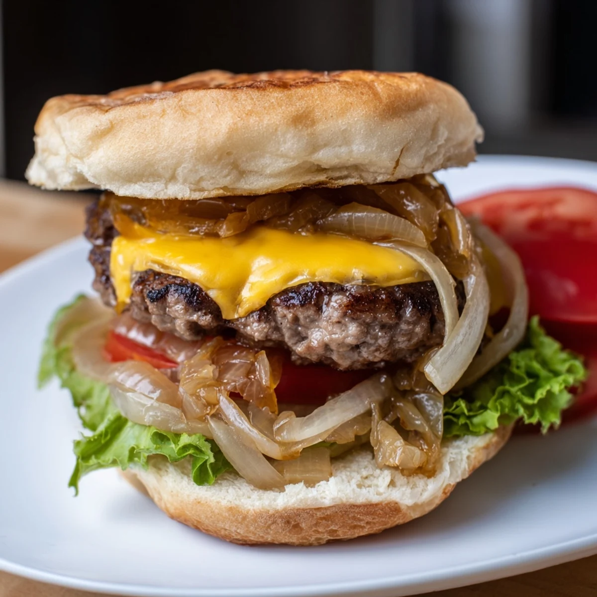 Golden mini beef patties topped with gooey cheddar and sweet caramelized onions on toasted slider buns.