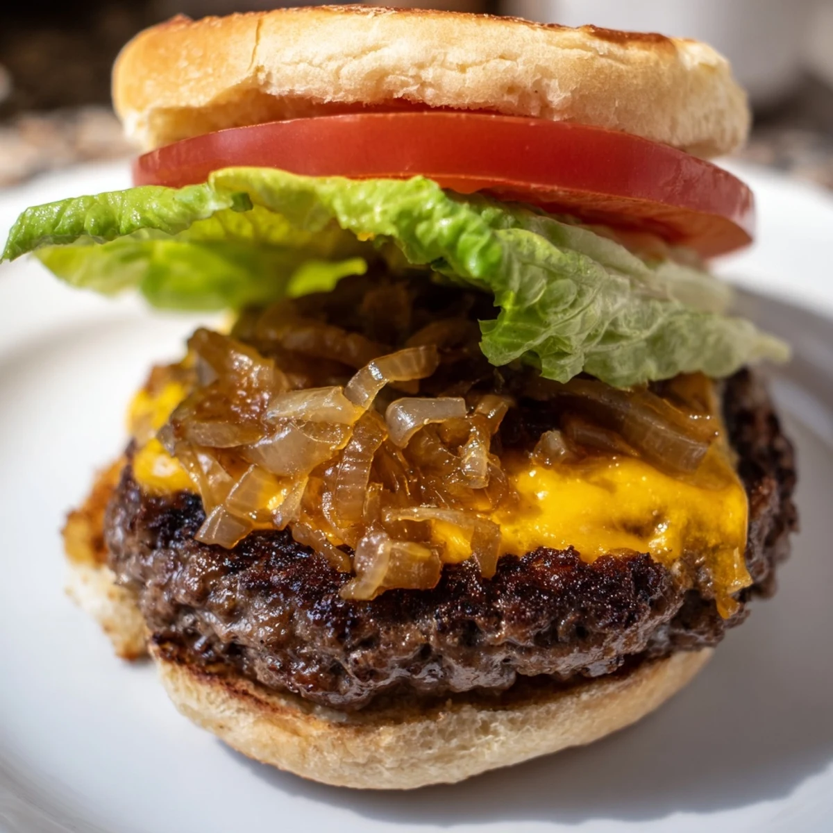 Sizzling beef sliders with melty cheese and caramelized onions served on a wooden board.