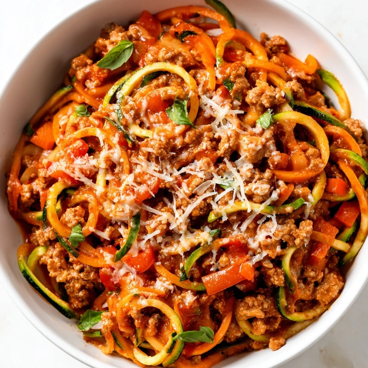 Turkey Bolognese sauce with zucchini noodles topped with fresh basil in a white bowl.