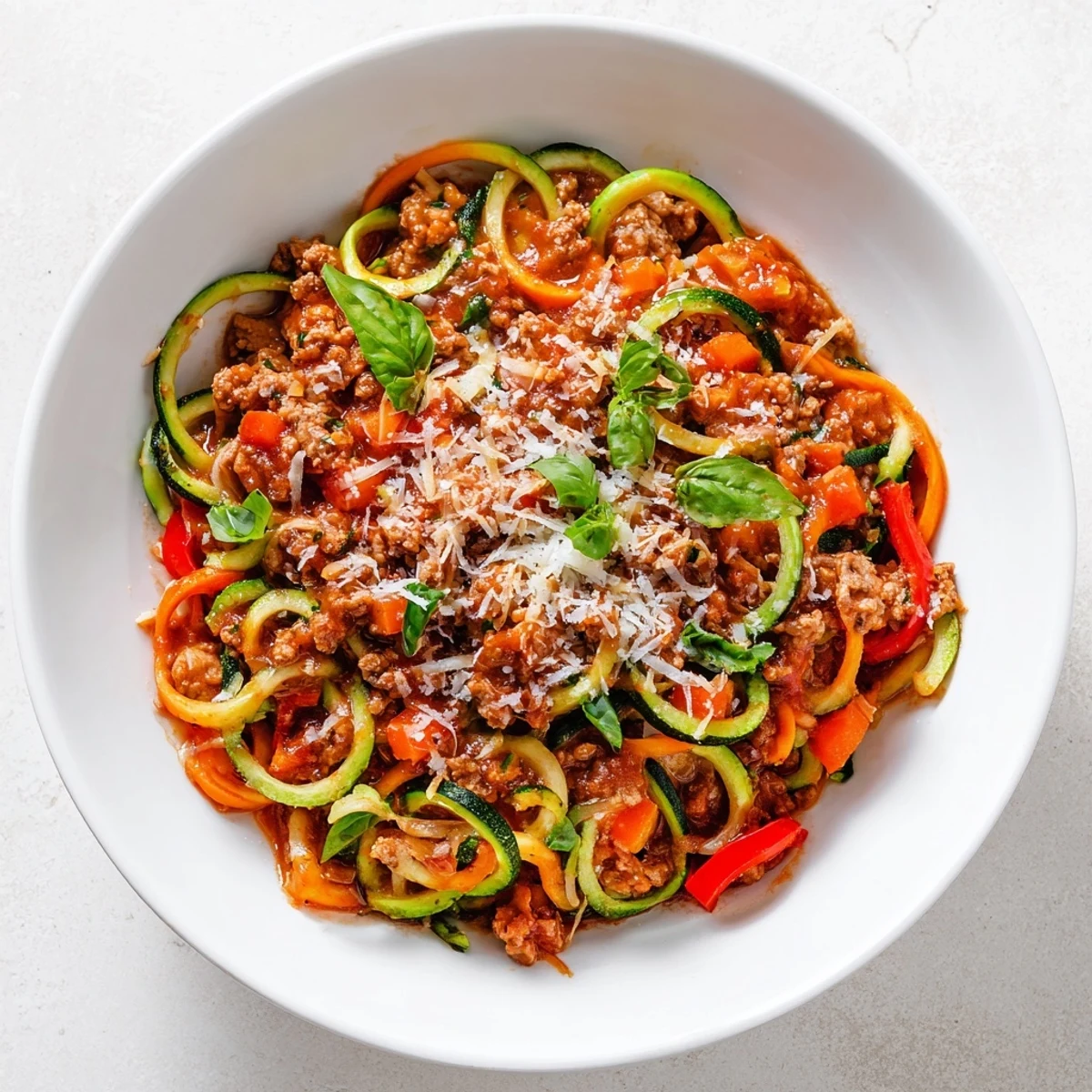 Hearty gluten-free turkey Bolognese served over sautéed zucchini noodles with red bell pepper.