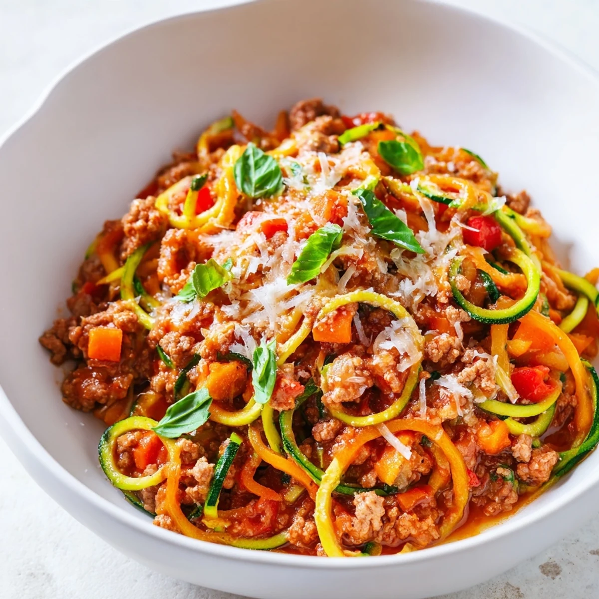 Freshly prepared turkey Bolognese with zucchini noodles and Parmesan cheese garnish on a plate.