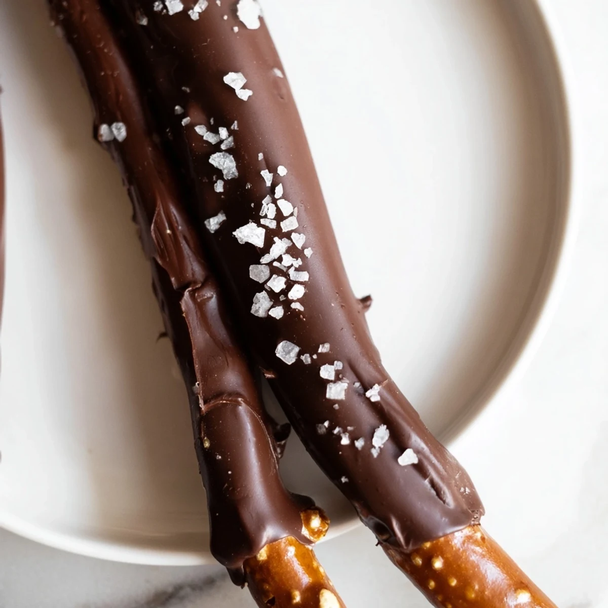 Golden-baked Chocolate Dipped Pretzels with Sea Salt stacked on a white plate, ready to serve with a glass of cold milk.