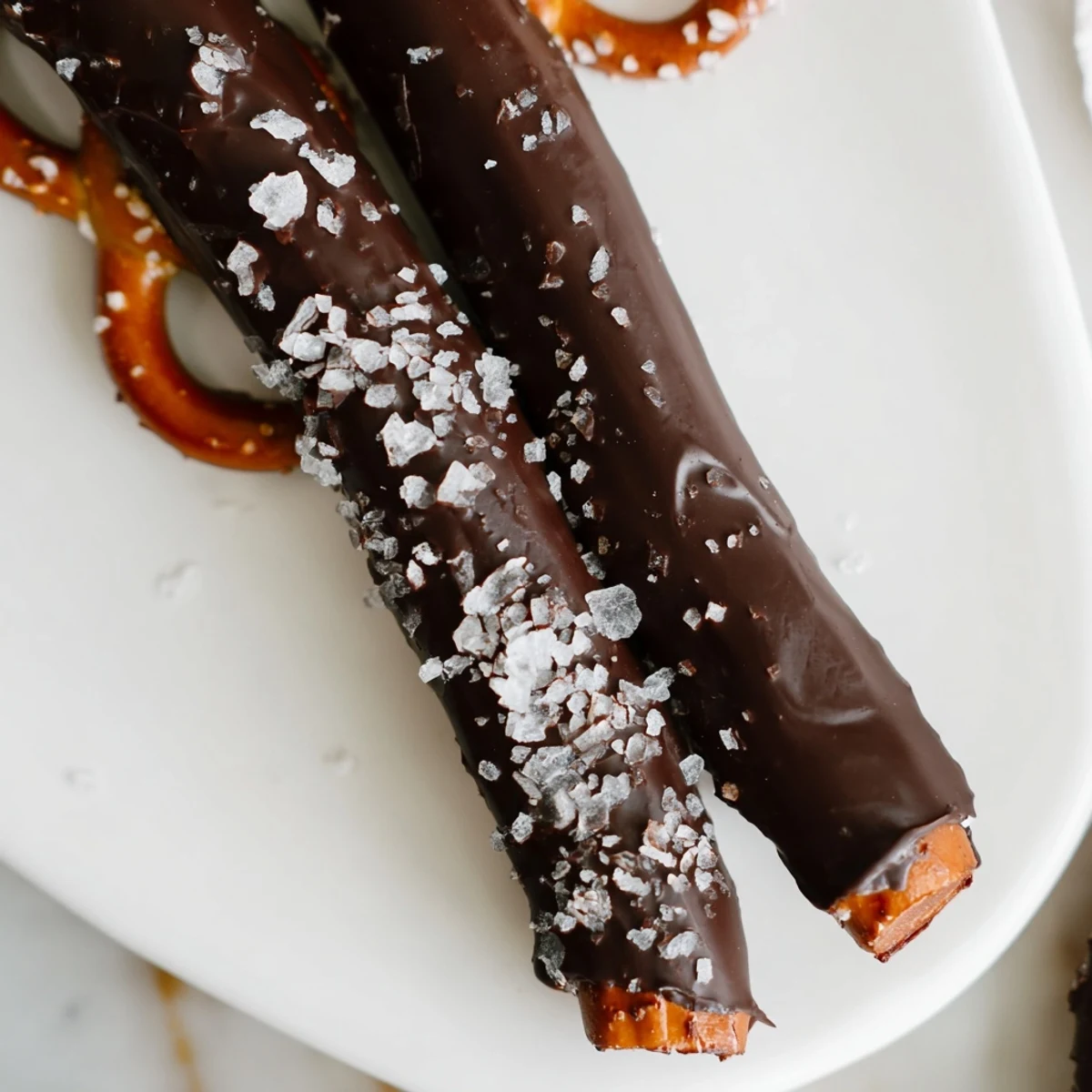 Chocolate Dipped Pretzels with Sea Salt on a baking sheet, coated in glossy dark chocolate and sprinkled with flaky crystals.