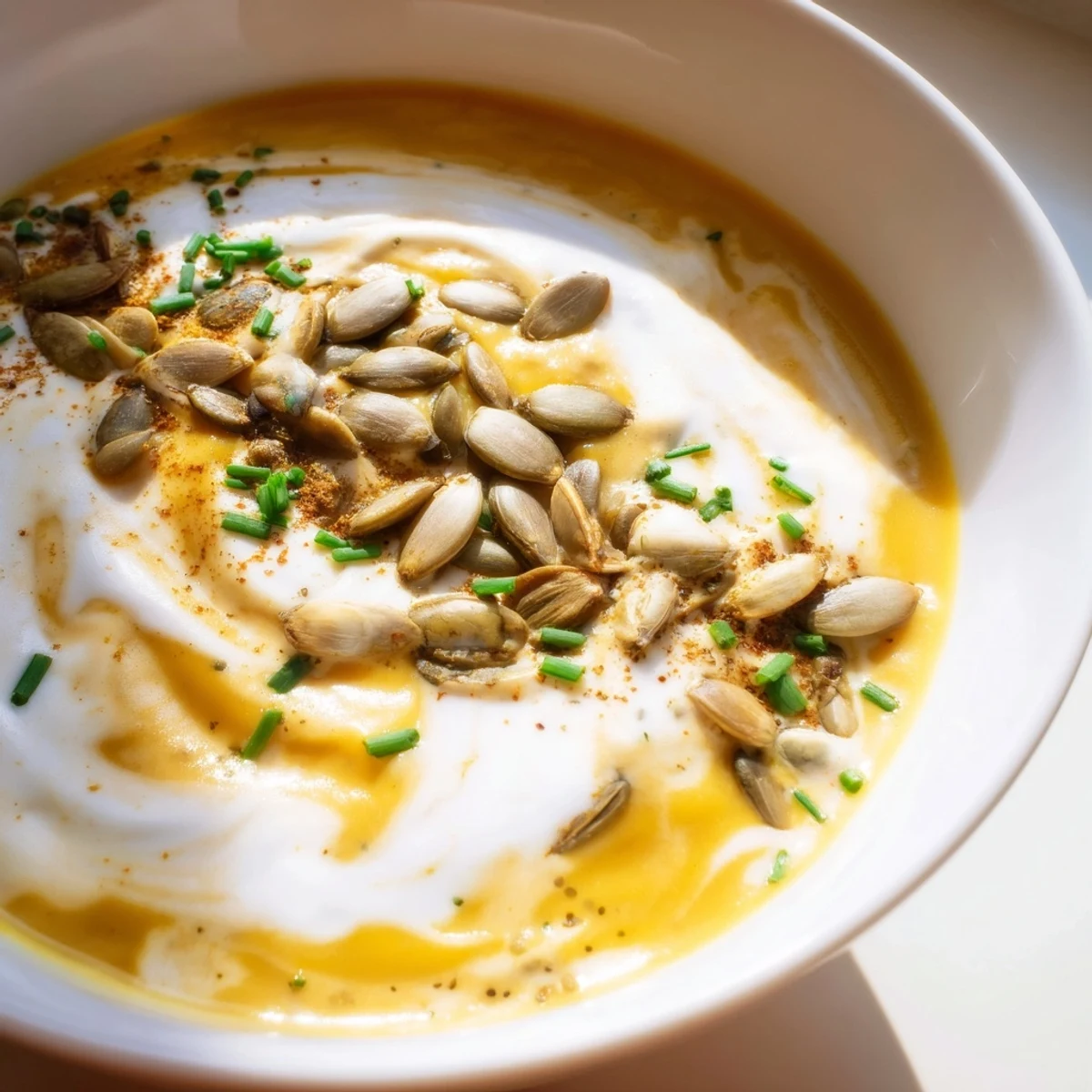 A spoon dips into rich Creamy Pumpkin Soup with Toasted Seeds, served beside a slice of crusty bread.
