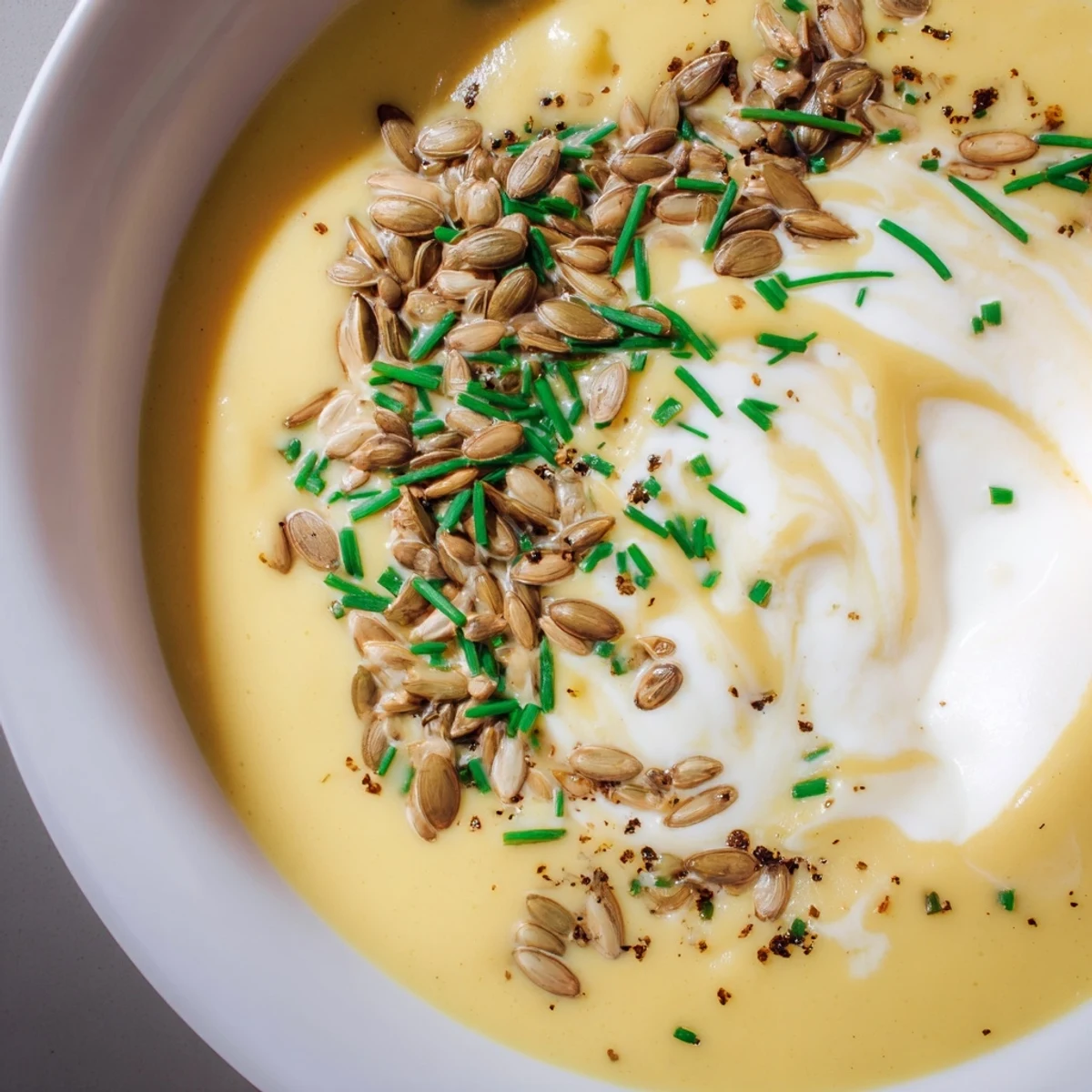 Velvety Creamy Pumpkin Soup with Toasted Seeds in a cozy setting, garnished with herbs and ready to enjoy.