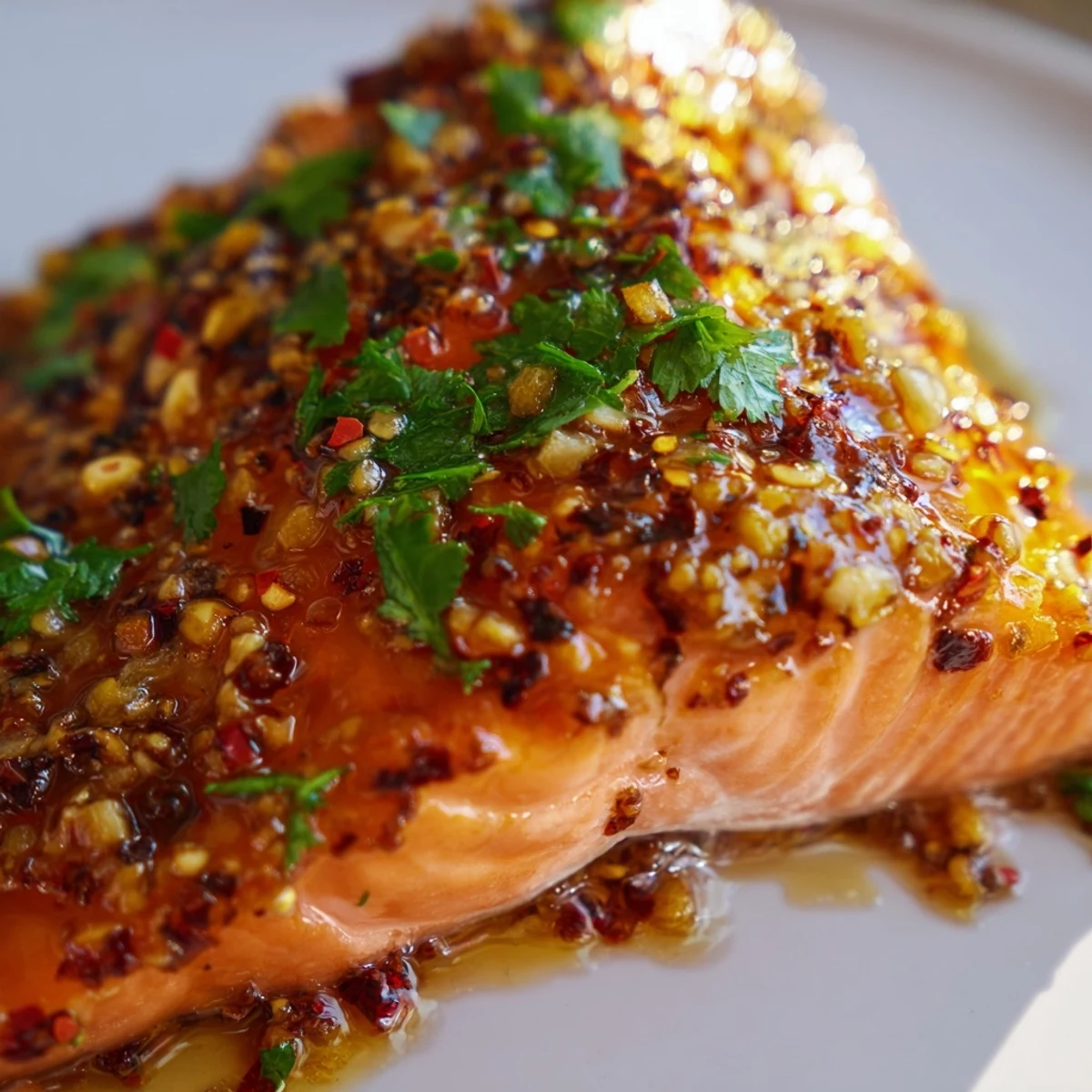 Close-up of a tender baked salmon fillet brushed with sticky honey garlic glaze, highlighting its flaky texture and herbs.