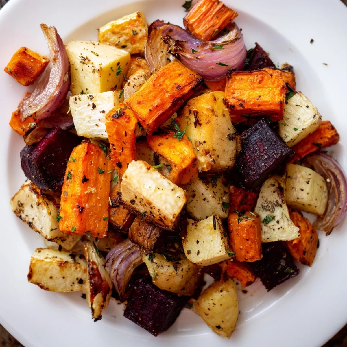 Fork-tender roasted root vegetable medley with dried herbs garnished with fresh parsley on slate.